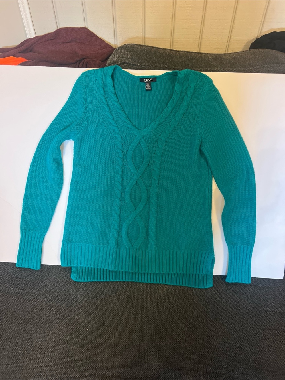 Chaps Women's Teal Cable-Knit V-Neck Pullover